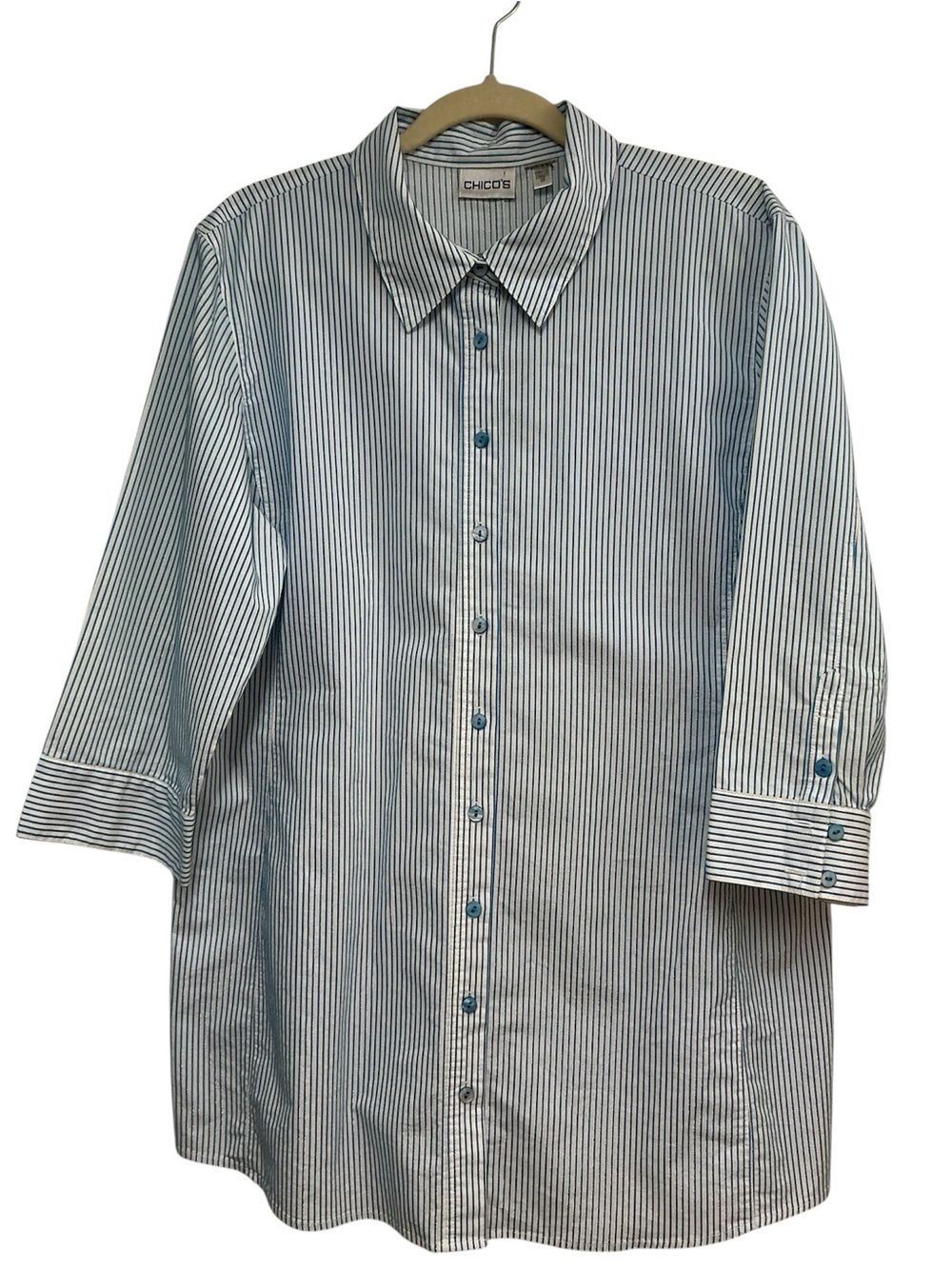 Chico's Poplin Women’s Blue and White Striped Button-Down Shirt